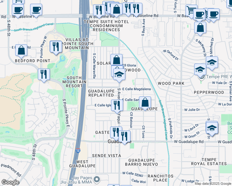 map of restaurants, bars, coffee shops, grocery stores, and more near 8419 South Avenida del Yaqui in Guadalupe