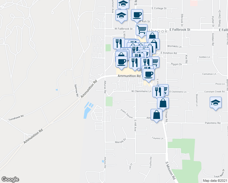 map of restaurants, bars, coffee shops, grocery stores, and more near 1326 Morningstar Lane in Fallbrook