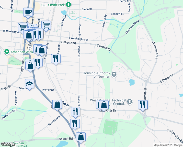 map of restaurants, bars, coffee shops, grocery stores, and more near 19 Hill Street in Newnan