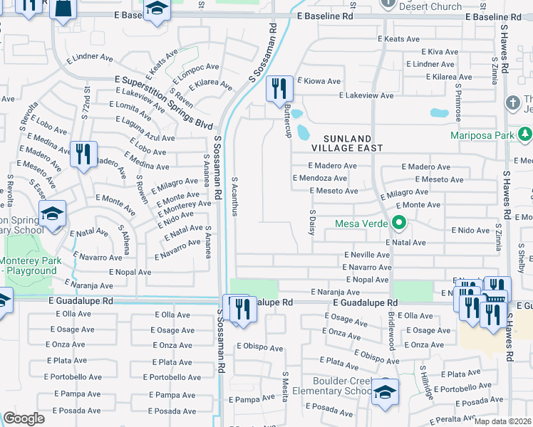 map of restaurants, bars, coffee shops, grocery stores, and more near 7755 East Laguna Azul Avenue in Mesa