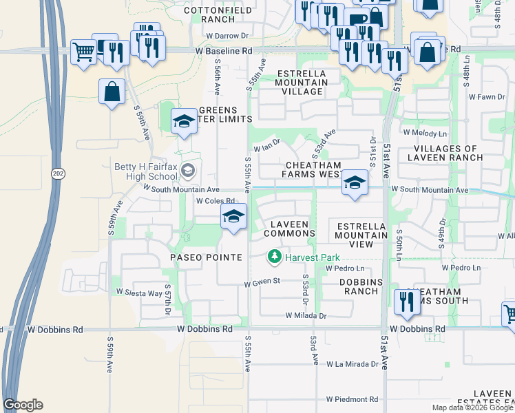 map of restaurants, bars, coffee shops, grocery stores, and more near West Coles Road in Phoenix