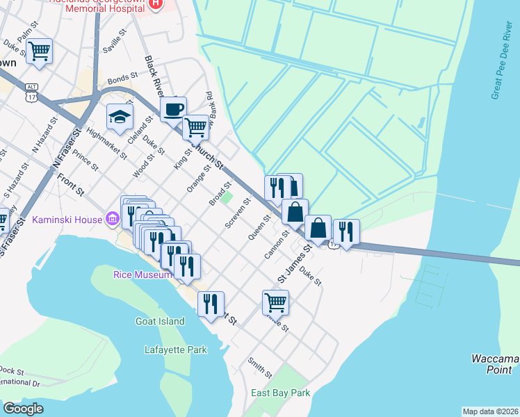 map of restaurants, bars, coffee shops, grocery stores, and more near 613 Church Street in Georgetown