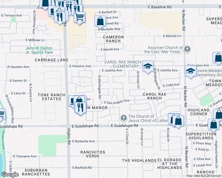 map of restaurants, bars, coffee shops, grocery stores, and more near 1024 North Moccasin Trail in Gilbert