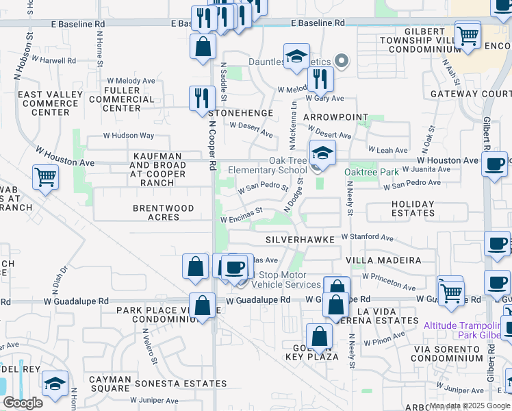 map of restaurants, bars, coffee shops, grocery stores, and more near 652 West San Remo Court in Gilbert