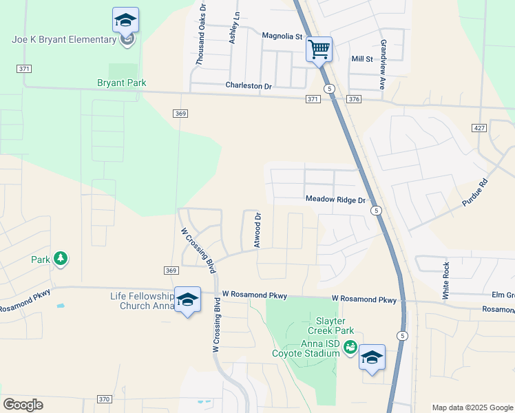 map of restaurants, bars, coffee shops, grocery stores, and more near 2133 Meadow Drive in Anna