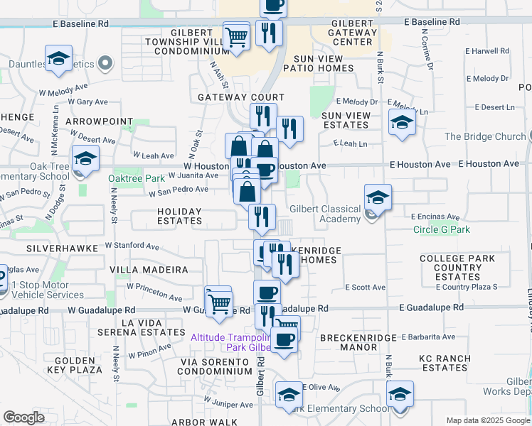 map of restaurants, bars, coffee shops, grocery stores, and more near 1101 North Gilbert Road in Gilbert