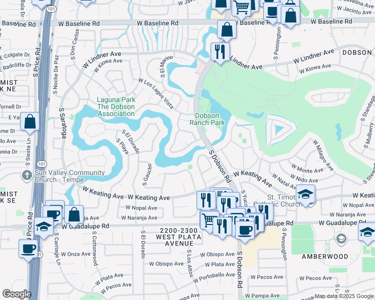 map of restaurants, bars, coffee shops, grocery stores, and more near 2550 South Salida Del Sol in Mesa