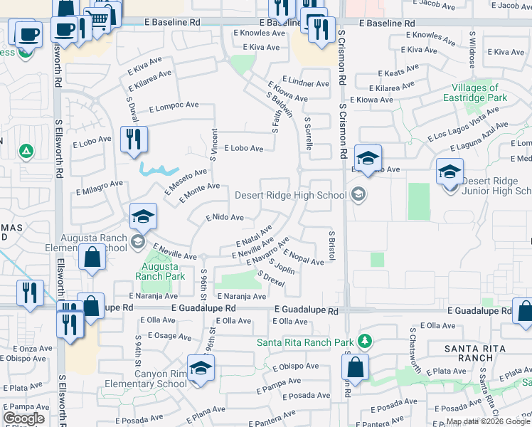 map of restaurants, bars, coffee shops, grocery stores, and more near 2551 South Drexel in Mesa