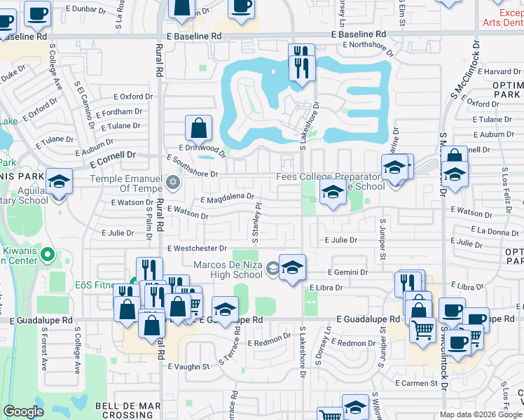 map of restaurants, bars, coffee shops, grocery stores, and more near 1103 East Watson Drive in Tempe