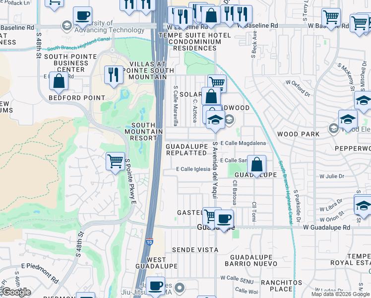 map of restaurants, bars, coffee shops, grocery stores, and more near 5438 East Calle San Angelo in Tempe