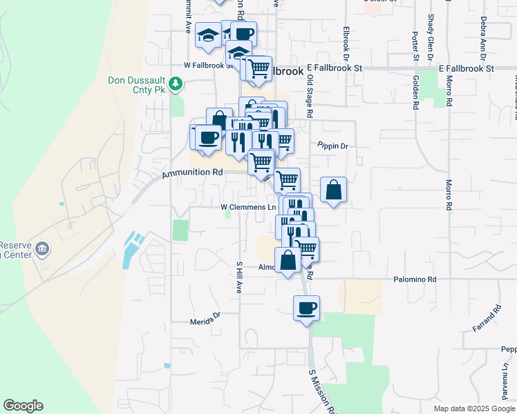 map of restaurants, bars, coffee shops, grocery stores, and more near 218 West Clemmens Lane in Fallbrook
