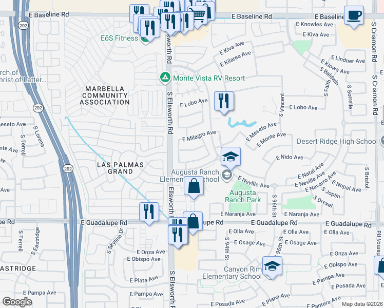 map of restaurants, bars, coffee shops, grocery stores, and more near 9246 East Monterey Avenue in Mesa