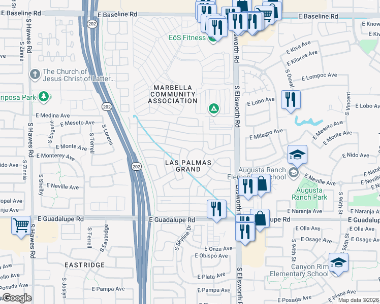 map of restaurants, bars, coffee shops, grocery stores, and more near 2550 Grand Avenue in Mesa