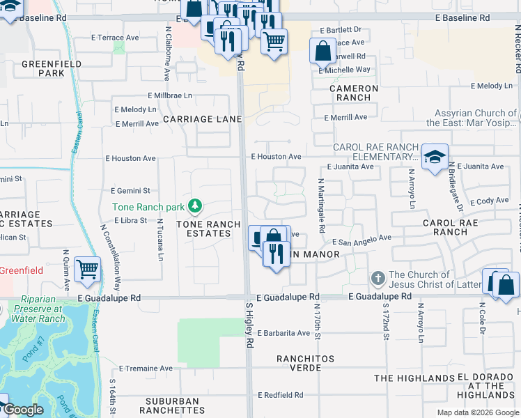 map of restaurants, bars, coffee shops, grocery stores, and more near 3222 East San Remo Avenue in Gilbert
