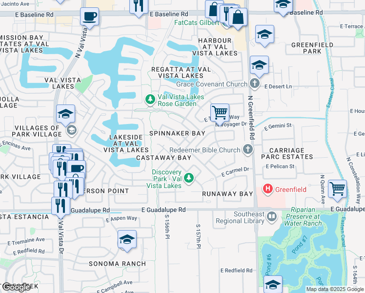map of restaurants, bars, coffee shops, grocery stores, and more near 1007 North Plymouth Court in Gilbert