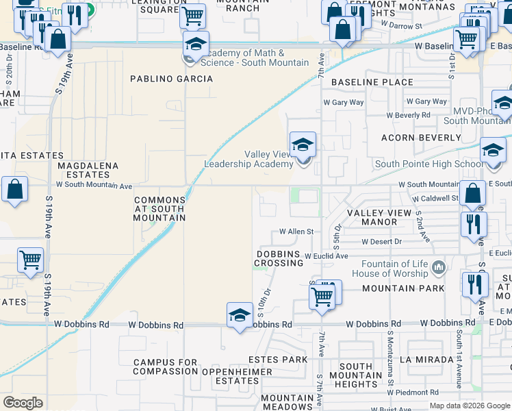 map of restaurants, bars, coffee shops, grocery stores, and more near 805 West South Mountain Avenue in Phoenix