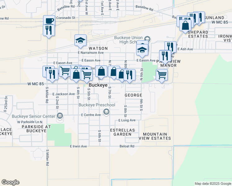 map of restaurants, bars, coffee shops, grocery stores, and more near 205 South 8th Street in Buckeye