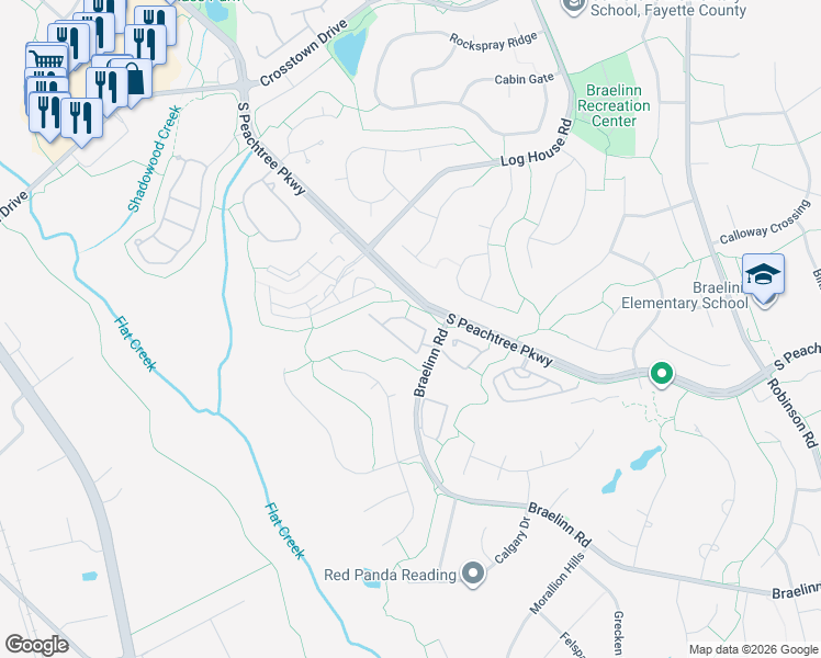 map of restaurants, bars, coffee shops, grocery stores, and more near 113 Masters Drive North in Peachtree City