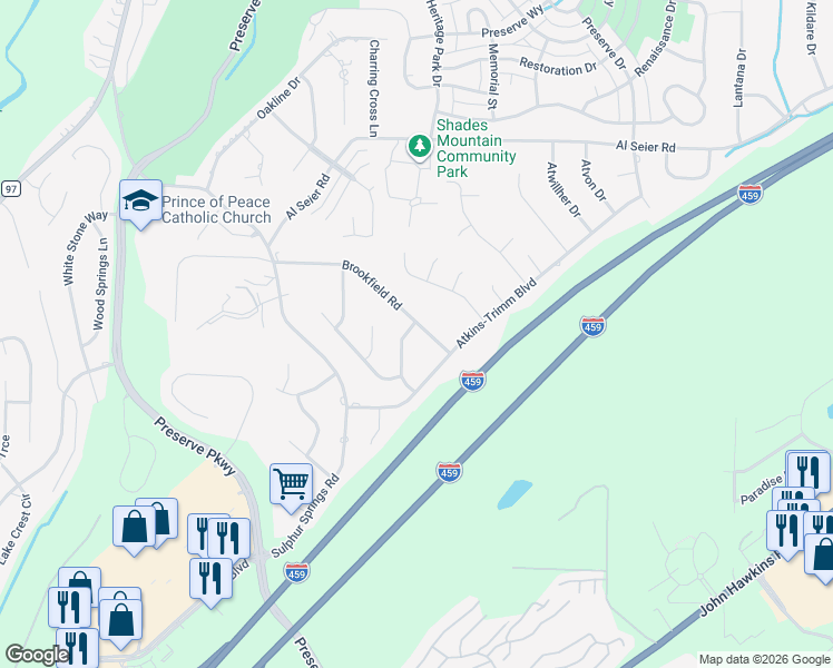 map of restaurants, bars, coffee shops, grocery stores, and more near 1220 Kingston Drive in Birmingham