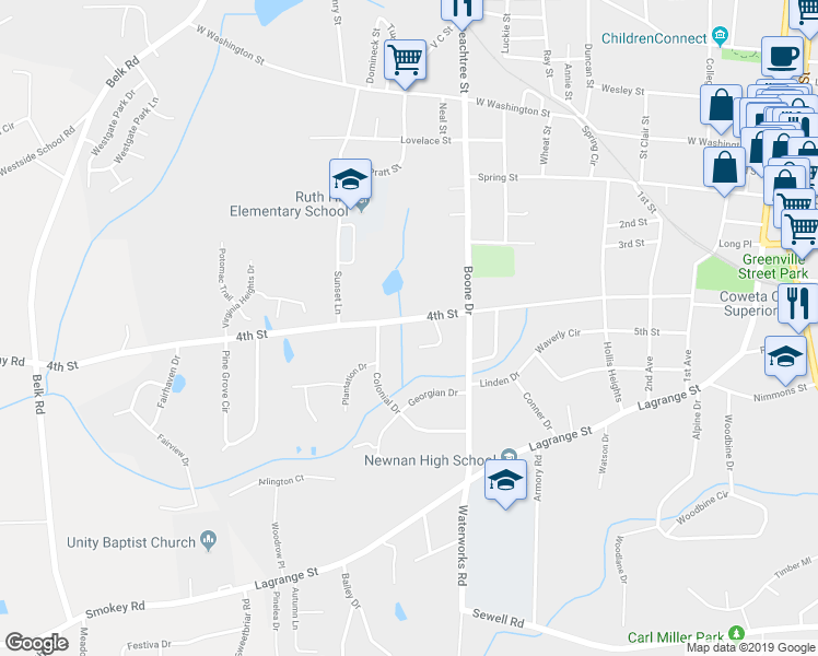 map of restaurants, bars, coffee shops, grocery stores, and more near 86 4th Street in Newnan