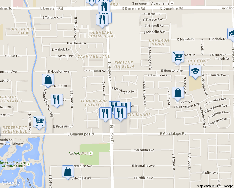 map of restaurants, bars, coffee shops, grocery stores, and more near 3222 East San Remo Avenue in Gilbert