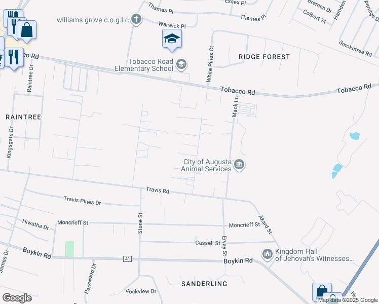 map of restaurants, bars, coffee shops, grocery stores, and more near 4145 Daisy Lane in Augusta