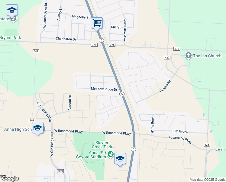 map of restaurants, bars, coffee shops, grocery stores, and more near 113 Meadow Ridge Drive in Anna