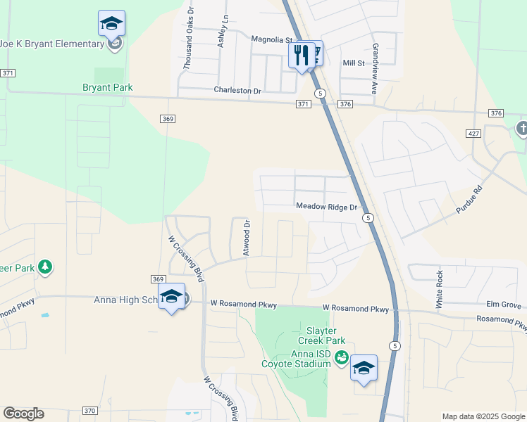 map of restaurants, bars, coffee shops, grocery stores, and more near 321 Meadow Ridge Drive in Anna