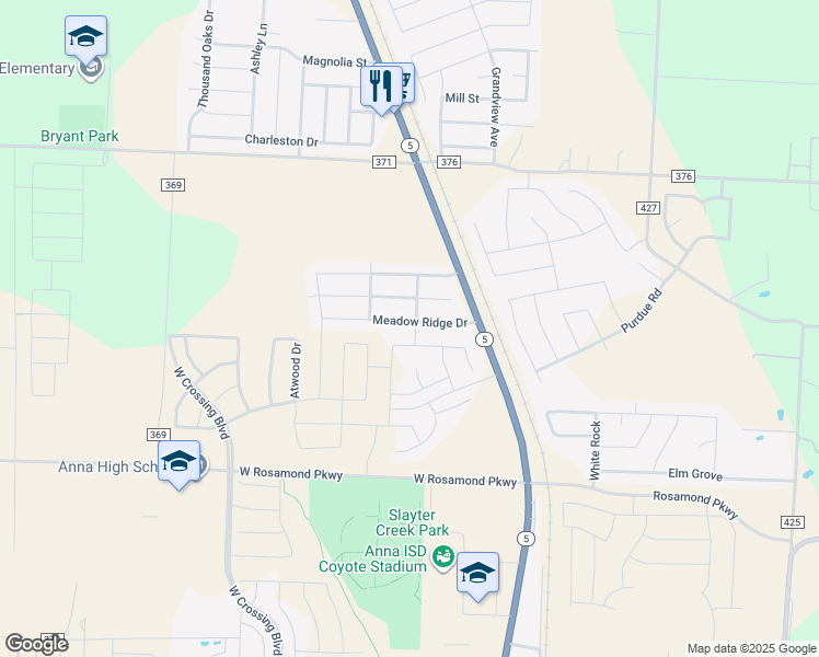 map of restaurants, bars, coffee shops, grocery stores, and more near 201 Meadow Ridge Drive in Anna