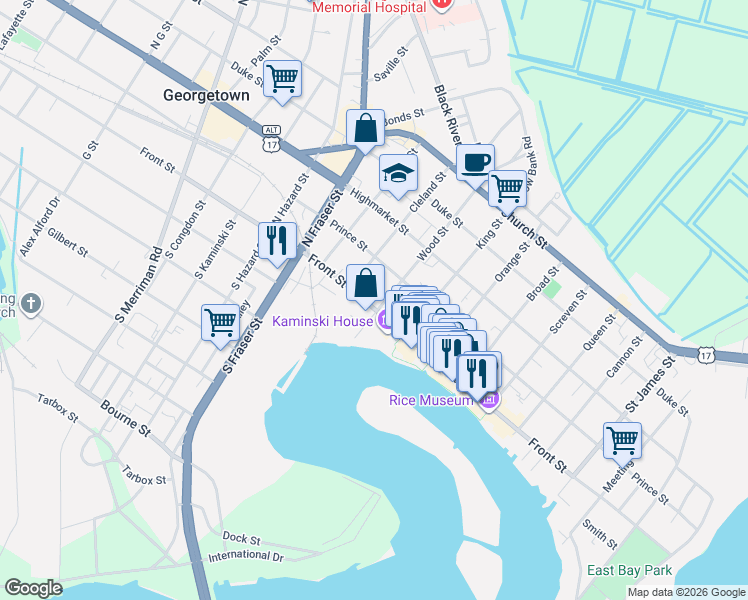 map of restaurants, bars, coffee shops, grocery stores, and more near 1032 Front Street in Georgetown