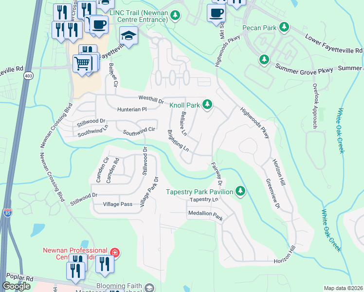 map of restaurants, bars, coffee shops, grocery stores, and more near Brightling Lane in Newnan