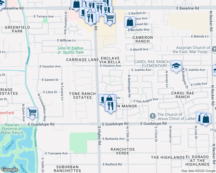 map of restaurants, bars, coffee shops, grocery stores, and more near 3286 East San Remo Avenue in Gilbert