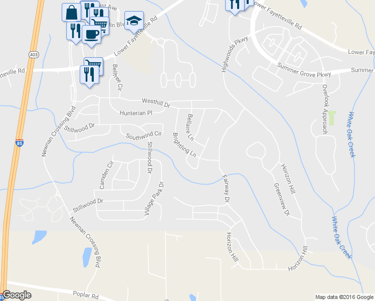 map of restaurants, bars, coffee shops, grocery stores, and more near Brightling Lane in Newnan