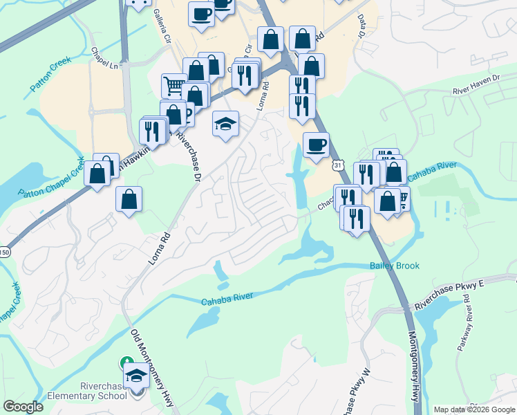 map of restaurants, bars, coffee shops, grocery stores, and more near 1808 Chace Drive in Hoover