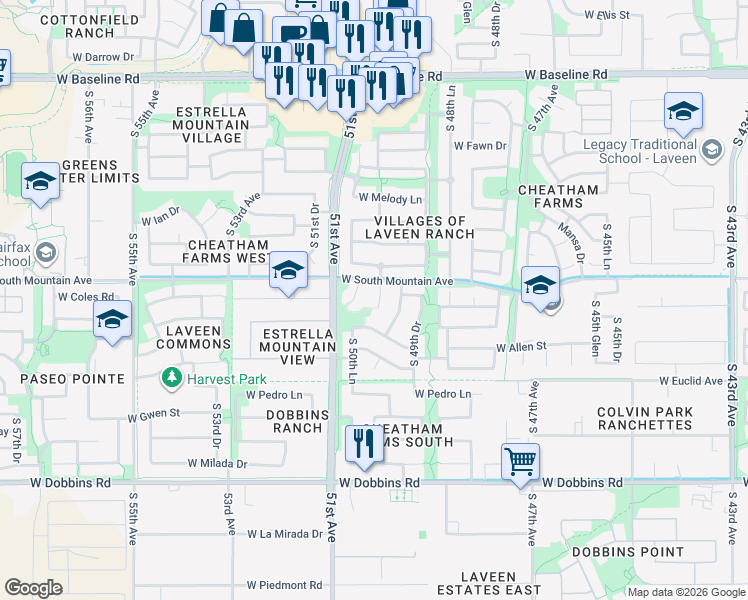 map of restaurants, bars, coffee shops, grocery stores, and more near 8420 South 50th Drive in Phoenix
