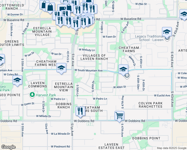 map of restaurants, bars, coffee shops, grocery stores, and more near 8416 South 49th Drive in Phoenix