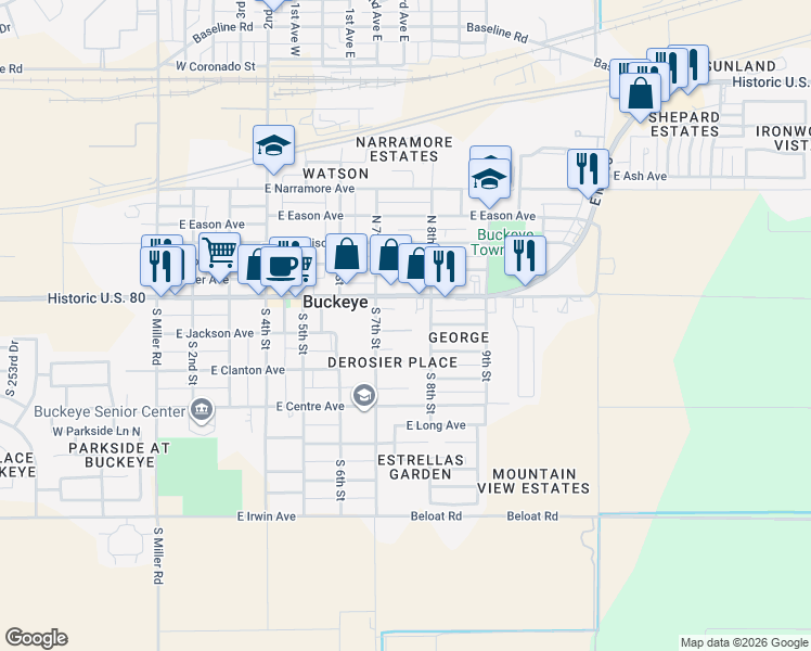 map of restaurants, bars, coffee shops, grocery stores, and more near 110 South 7th Street in Buckeye