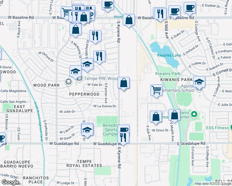 map of restaurants, bars, coffee shops, grocery stores, and more near 5952 South Brittany Lane in Tempe