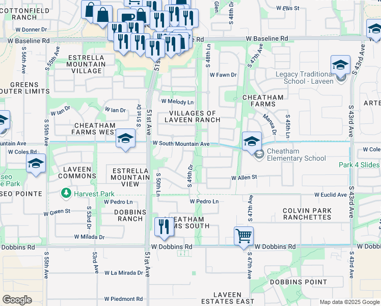 map of restaurants, bars, coffee shops, grocery stores, and more near 8502 South 49th Drive in Phoenix
