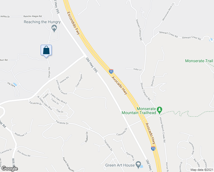 map of restaurants, bars, coffee shops, grocery stores, and more near Old Highway 395 in Fallbrook