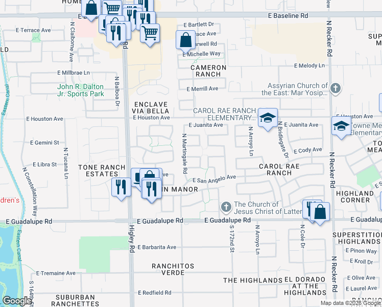 map of restaurants, bars, coffee shops, grocery stores, and more near 3435 East Feather Avenue in Gilbert