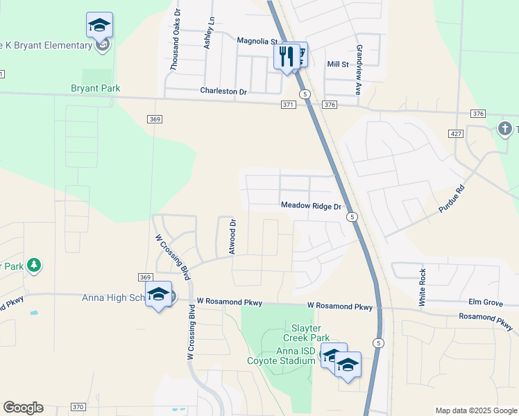 map of restaurants, bars, coffee shops, grocery stores, and more near 321 Meadow Ridge Drive in Anna