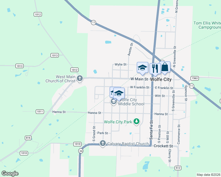 map of restaurants, bars, coffee shops, grocery stores, and more near 211 Jackson Street in Wolfe City