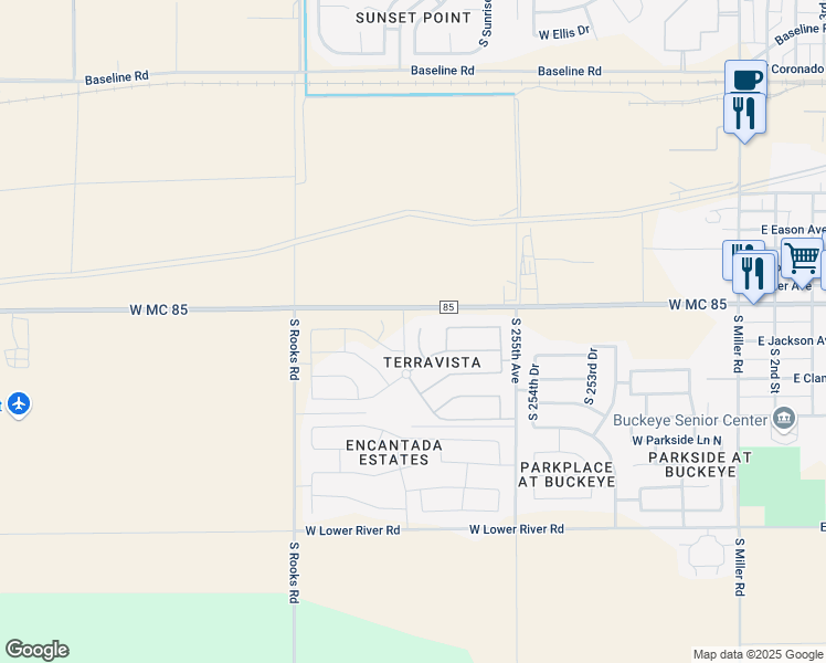 map of restaurants, bars, coffee shops, grocery stores, and more near 8546 South 256th Lane in Buckeye