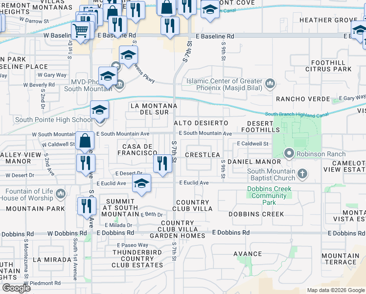 map of restaurants, bars, coffee shops, grocery stores, and more near 8446 South 7th Place in Phoenix