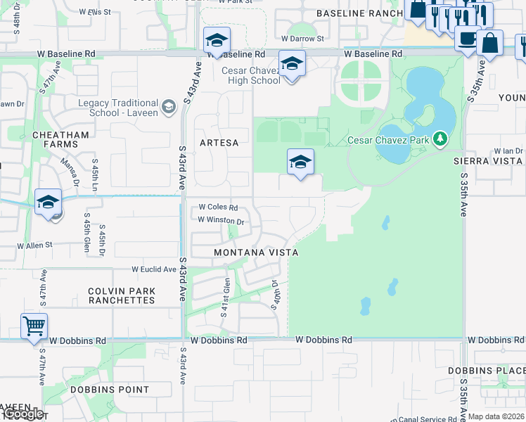 map of restaurants, bars, coffee shops, grocery stores, and more near 8517 South 41st Drive in Phoenix