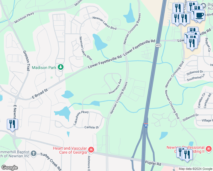 map of restaurants, bars, coffee shops, grocery stores, and more near 2 Arran Court in Newnan