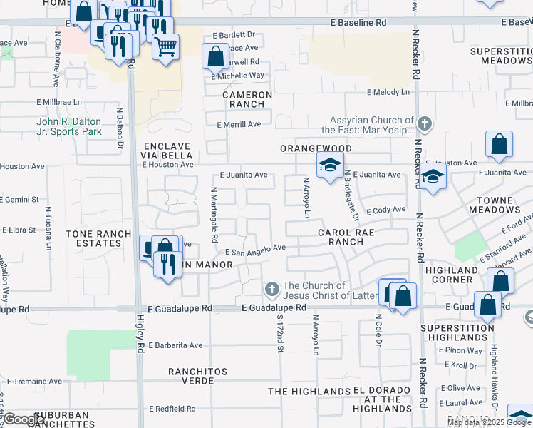 map of restaurants, bars, coffee shops, grocery stores, and more near 1022 North Kirby Street in Gilbert