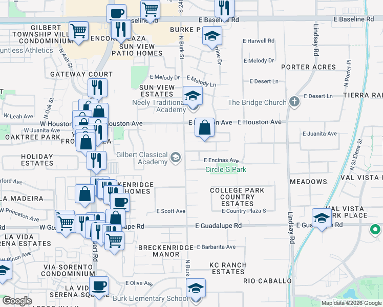 map of restaurants, bars, coffee shops, grocery stores, and more near 431 East Encinas Avenue in Gilbert