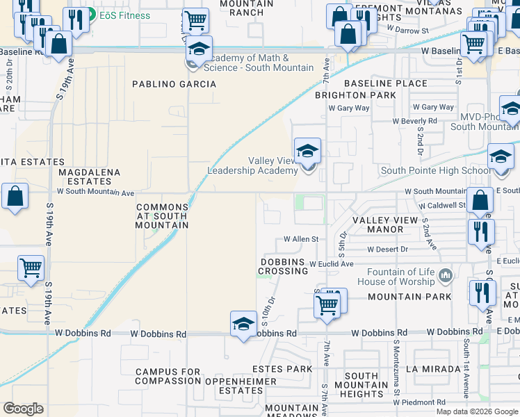map of restaurants, bars, coffee shops, grocery stores, and more near 805 West South Mountain Avenue in Phoenix